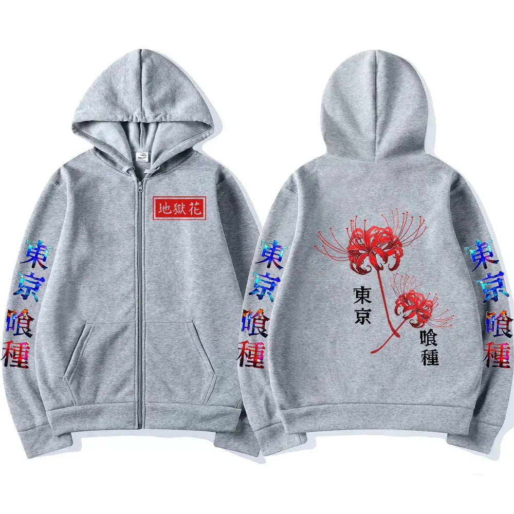 Anime Tokyo Ghoul Spider Lily Zipper Hoodie Kanekiken Manga Graphic Print Hooded Zip Up Sweatshirts Oversize Men's Jackets Coats