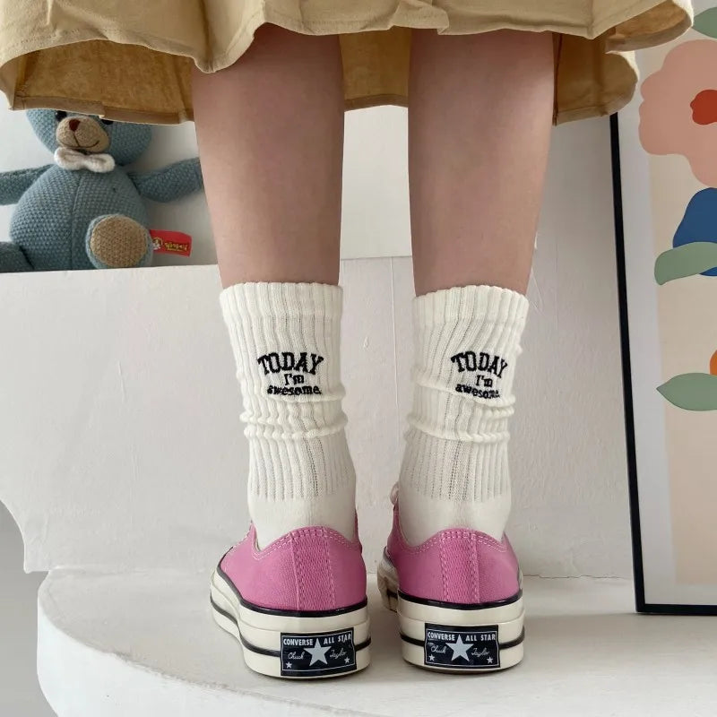 For Men Women Couple Funny Cotton Socks Embroidery Letter Today I’m Awesome Japanese Korean Designer Couple Mid-tube Sports Sox