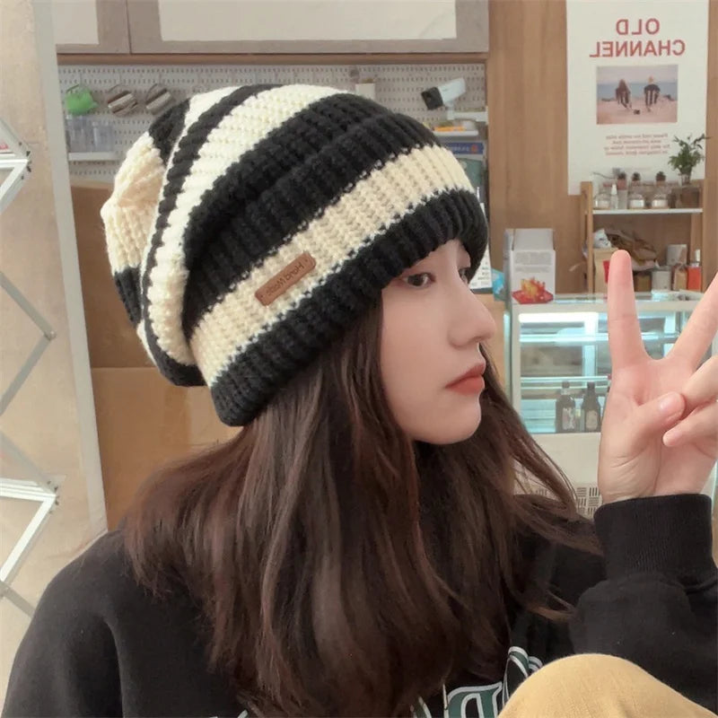 NEW Winter Warm Hats For Women Casual Stacking Knitted Bonnet Caps Men Hats Stripe Hip Hop Unisex Female Beanies