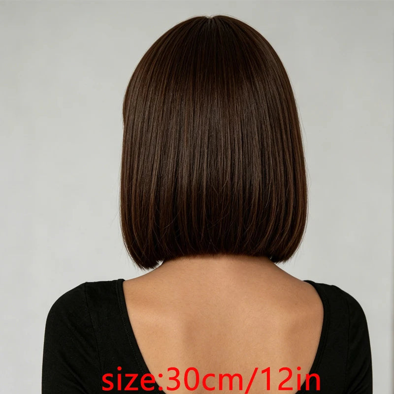 Women's everyday synthetic wig, 12 inches, dark brown, with smooth and neat bangs, casual style, suitable for weekend outings.
