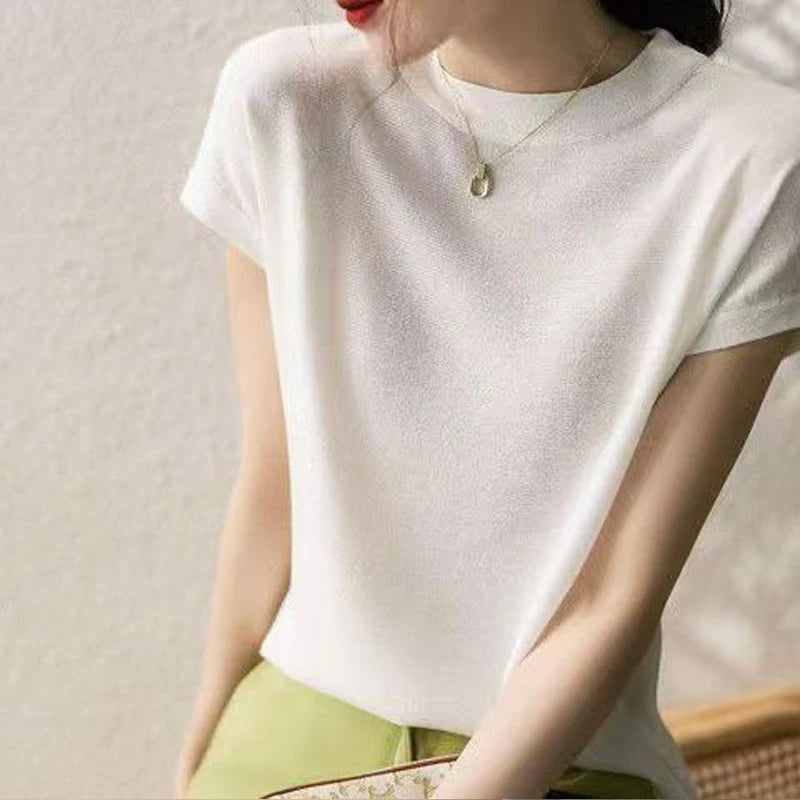 Commuter Joker Bright Silk Round Neck Ice Silk Short-Sleeved T-Shirt Women's Summer Thin Loose Slim Plus Size Vest Sweater