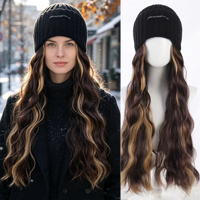 Synthetic Hat Wig for Women Girls, 22 Inch Long Wavy Integrated Wig with Black Knit Beanie Hat, Winter Daily Wear Hair Accessory