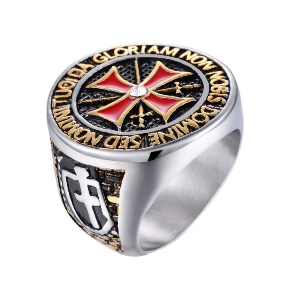 New Simple and Trendy European and American Red Cross Ring for Men, Domineering Templar Masonic Ring, Fashion Party Jewelry Gift