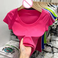 Women's Clothing U-neck T-Shirts Tops Tees pure cotton shoulder sleeved summer solid color slimming short low neck bottom shirt