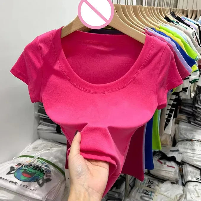 Women's Clothing U-neck T-Shirts Tops Tees pure cotton shoulder sleeved summer solid color slimming short low neck bottom shirt