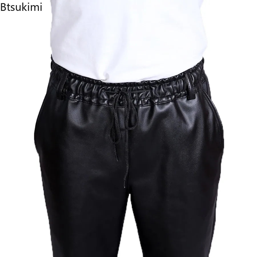 New Men's Loose Casual Leather Pants Fashion Water-poor Motorcycle PU Leather Pants Spring Autumn Simple Versatile Male Trousers
