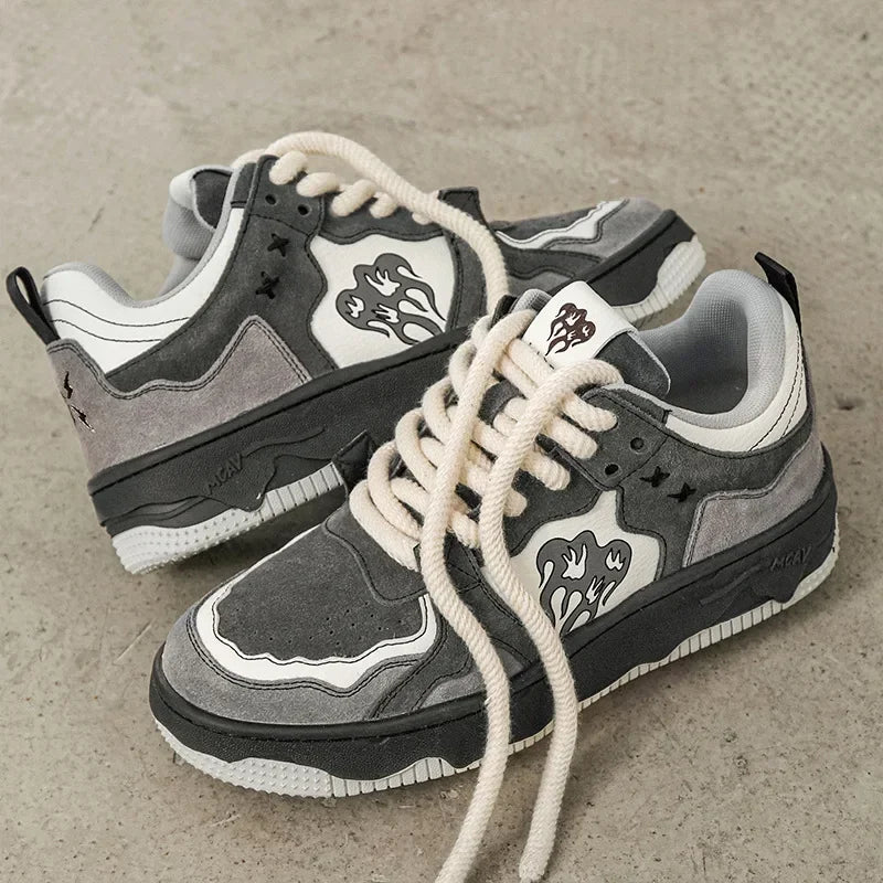 Women Sneakers Fahsion Design Flame Mixed Color Shoes Femme Sports Leisure Versatile Fashion Shoes Retro Trend Shoes Gray Tenis