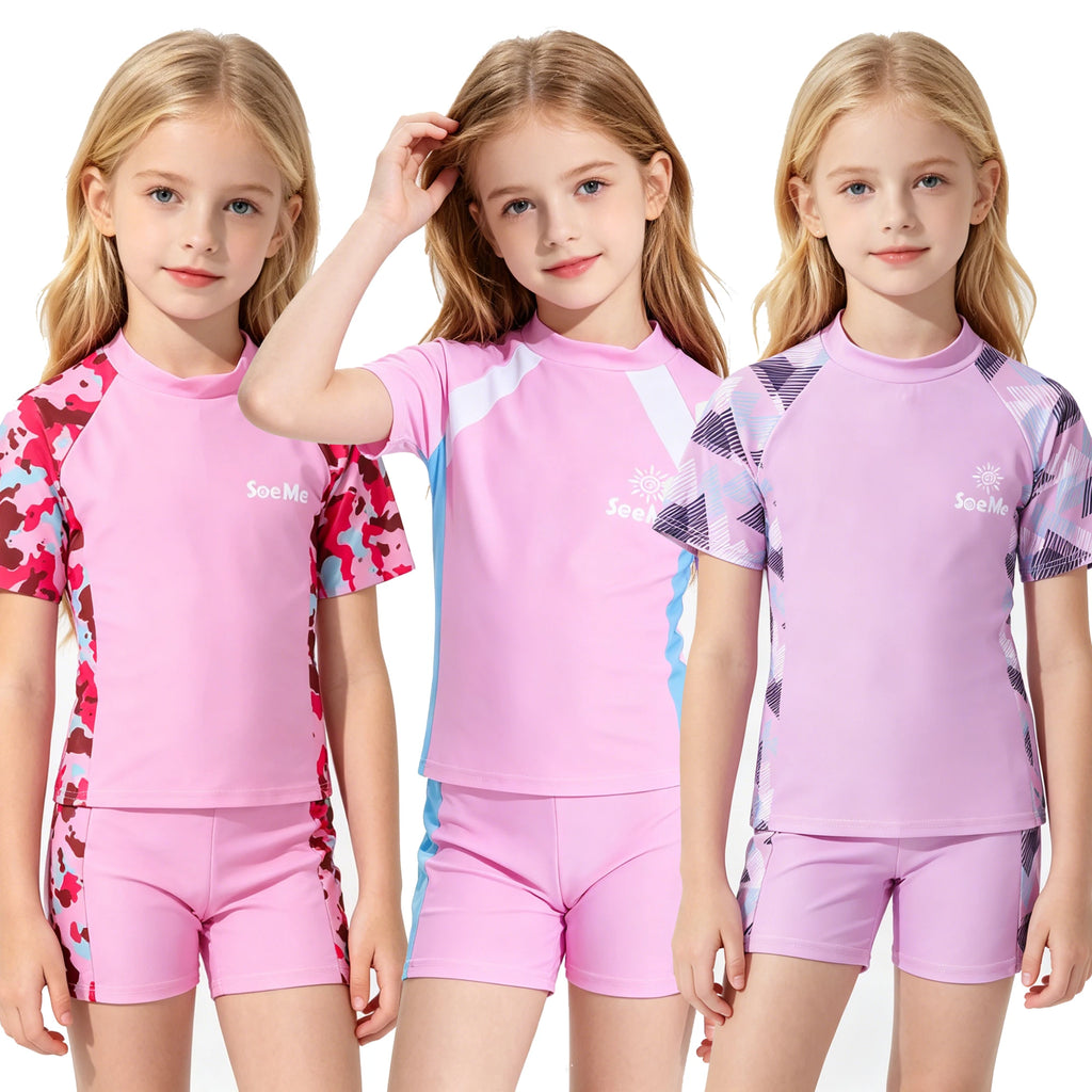Pink Girl Swimsuit Kids Toddler Girls Swimwear Sets 2 Pieces Short Sleeve Cute Swimming Suit for Children 3 4 5 6 7 8 9 10 Years