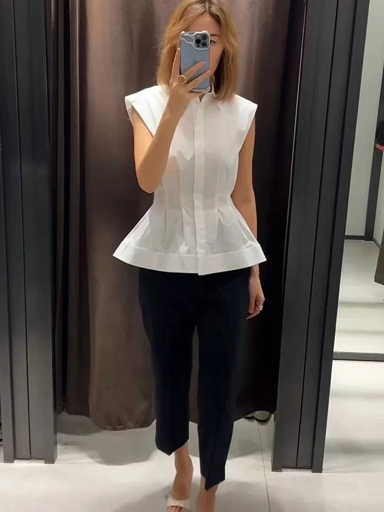 Women Casual Sleeveless Slim Shirts Summer Female Blouse Pleated Turn-Down Collar Single Breasted Blouses Chic Lady Elegant Tops