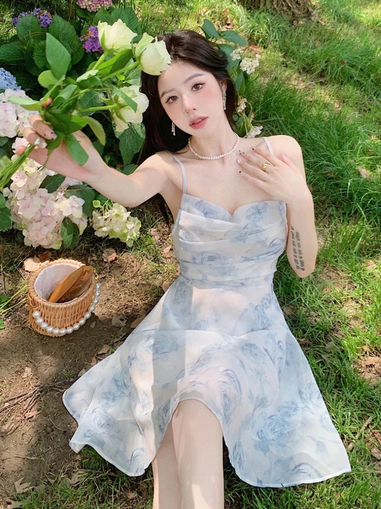 Floral Mini Dress for Women Backless Design Sexy Girls Romantic Sleeveless Vestidos Temper Aesthetic Clothing Vacation Popular