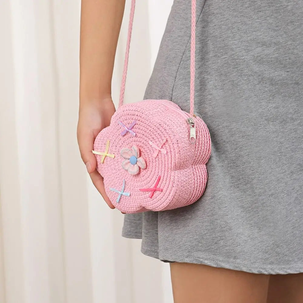 Cute Summer Children Girls Shoulder Bag Flower Bow Handmade Straw Baby Bags Messenger Bag Kids Keys Coin Purse Cute Mini Handbag