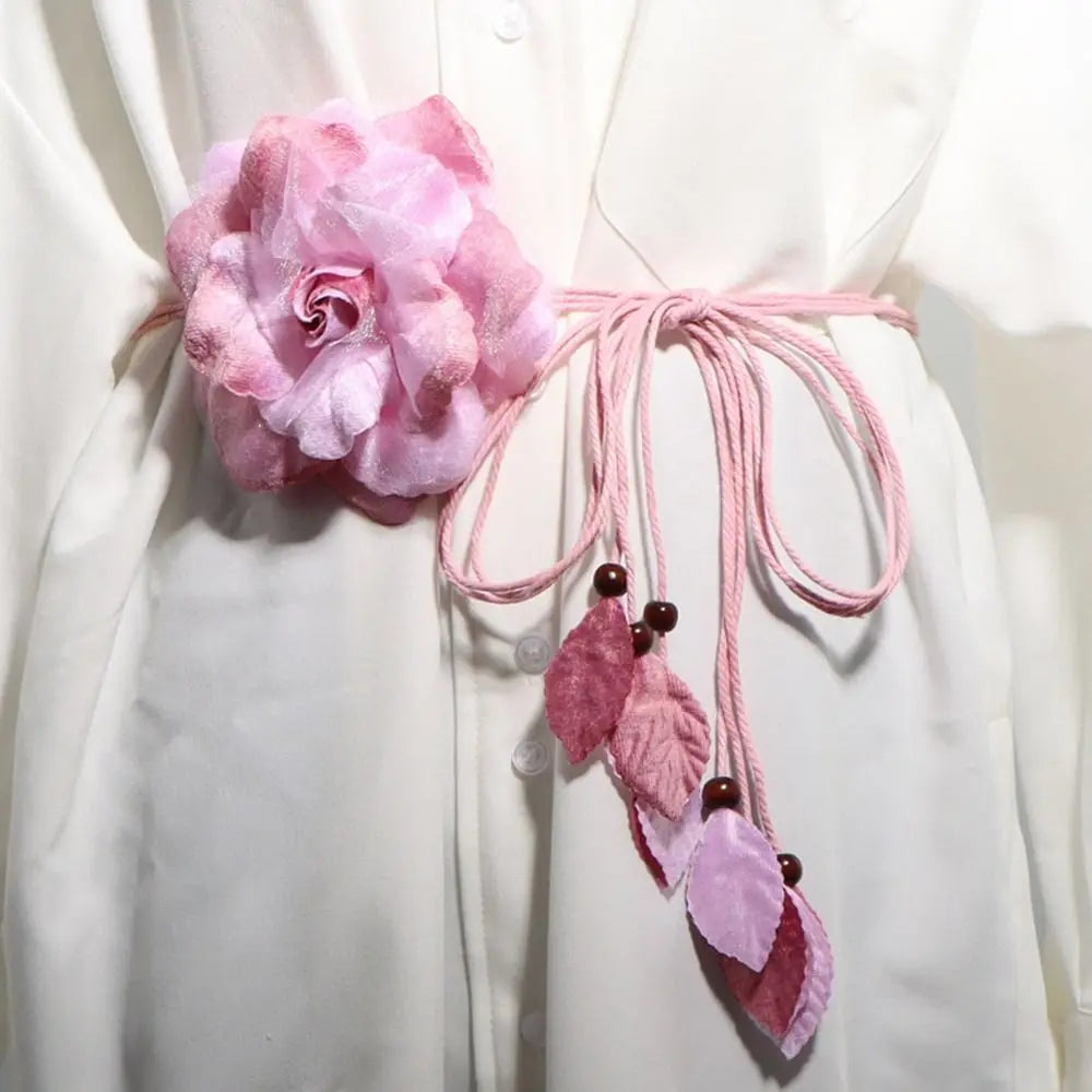 Women Big Flower Decorative Dress Accessories Handmade Bohemian Waistband Tassel Braid Belts Tie Strap Woven Waist Rope