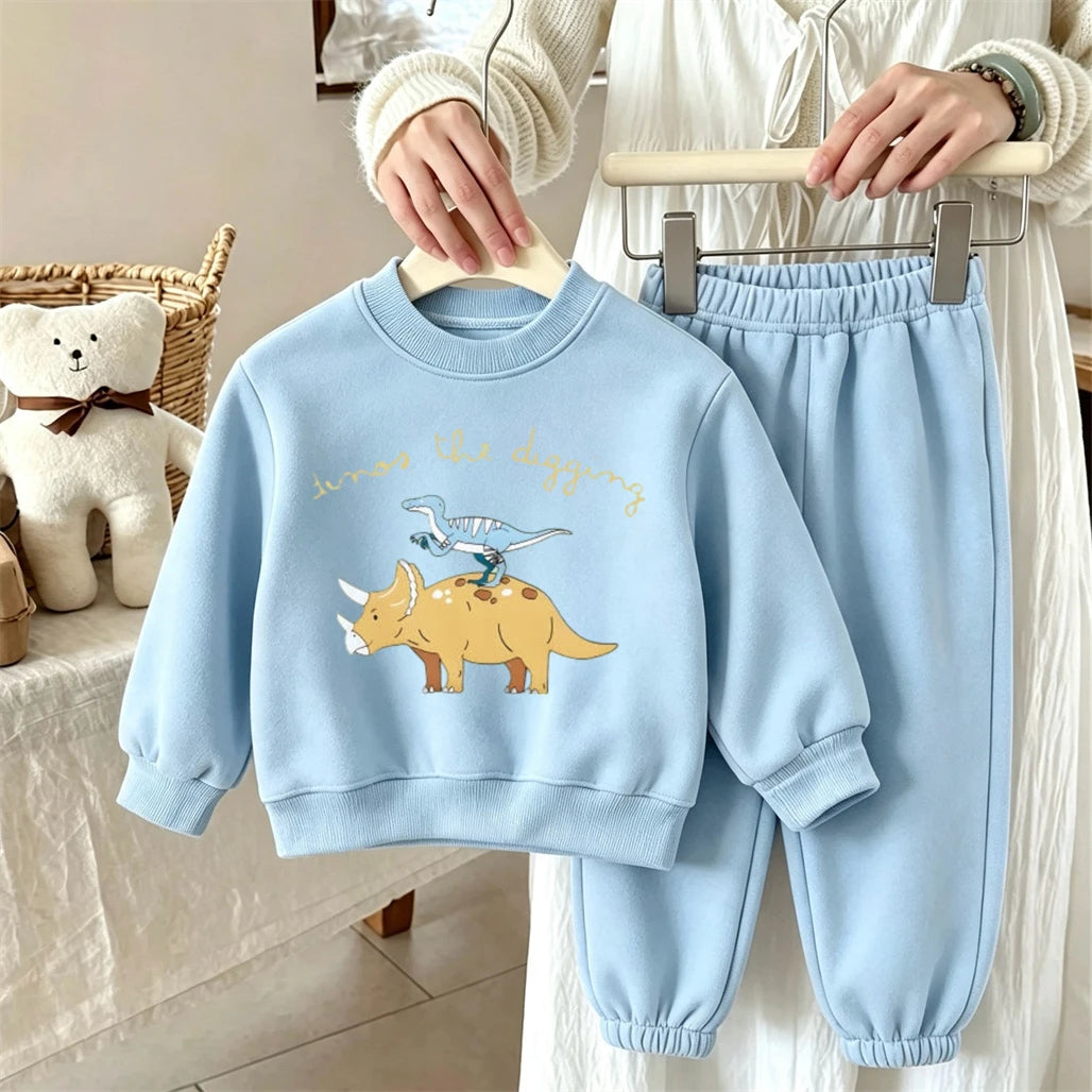 Kids Cartoon Hoodies+Pants Two Piece Set Spring Autumn Clothing Round Neck Tops Dinosaur Print Sweatshirts Loose Sweatpants