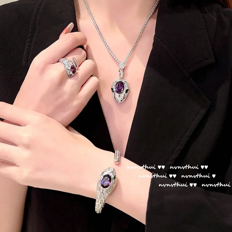 Women's New Fashion 925 Sterling Silver Jewelry Sets for Women Silver Color Luxury Zircon Snakce Necklace/Ring/Earring/Bangle
