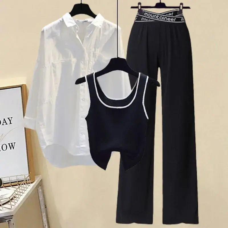 Spring Summer Casual Women Clothing 2024 Lady Loose Shirt Vest Tops Cross Letter Waist Black Straight Trousers 3 Pcs Set Outfits