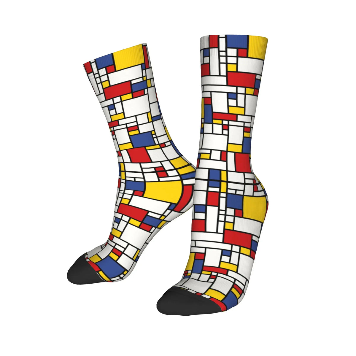 Custom Color Art Retro Mondrian Men Women Crew Socks Unisex Fashion 3D Printed Abstract Art Plaid Dress Socks