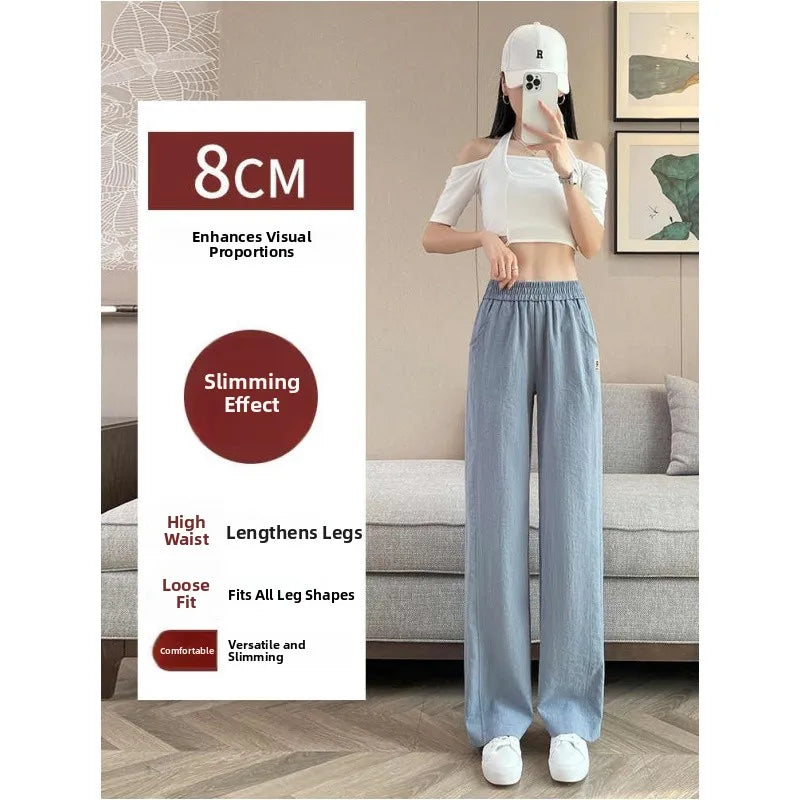 Ice Silk Wide Leg Pants Women Summer Thin  Denim Casual Straight Tube Pants Slimming High Waist Long Loose Fit