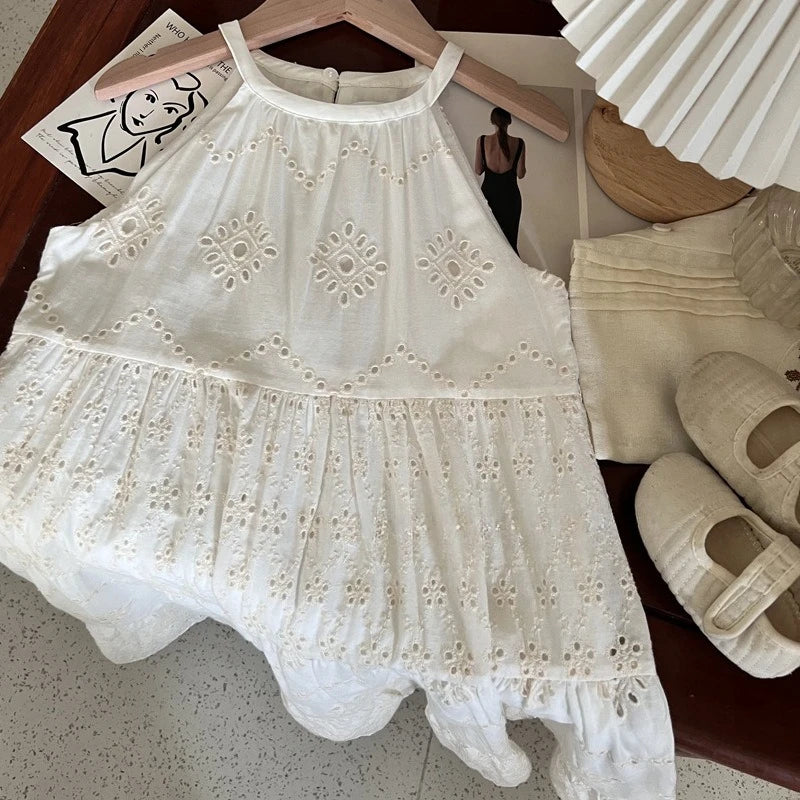 Korean Kids Summer Dress 2025 New Lace Flower Embroidery Girls Suspenders Dress 2-7T Children Vacation Style Princess Clothes
