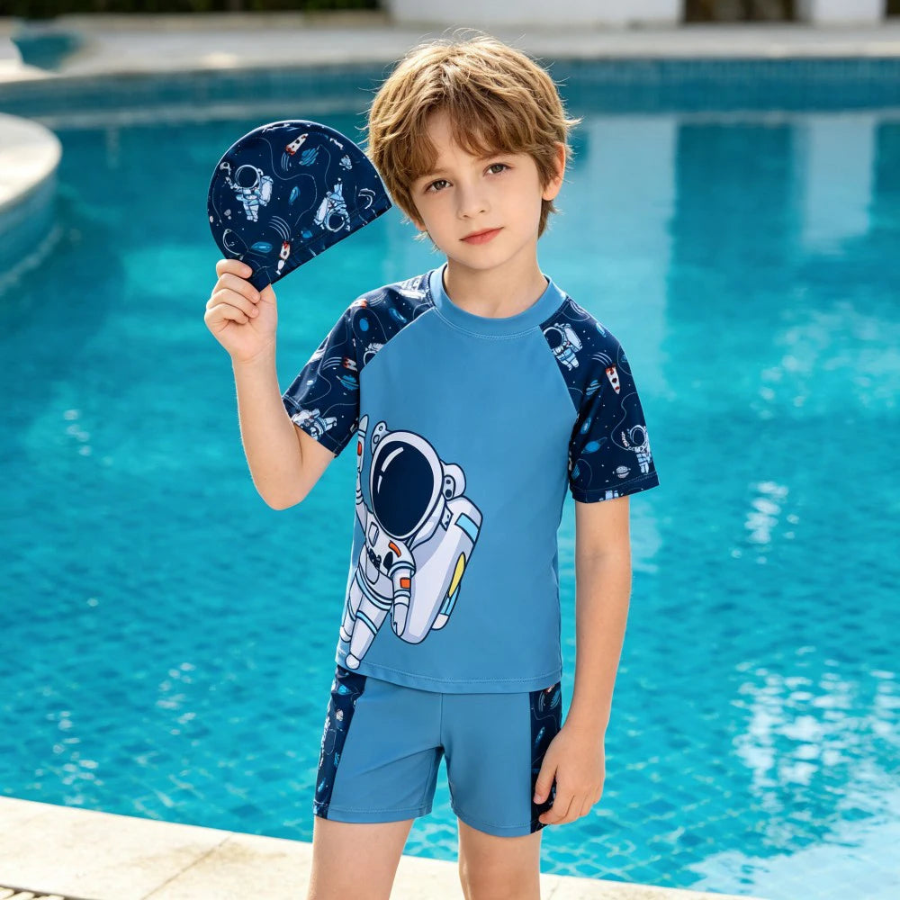 Girls Swimsuit Children Summer Short Sleeve Swimwear Kids 3PCS Top+Shorts+Cap Bathing Suit Boys Swimming Suit 3-14Y