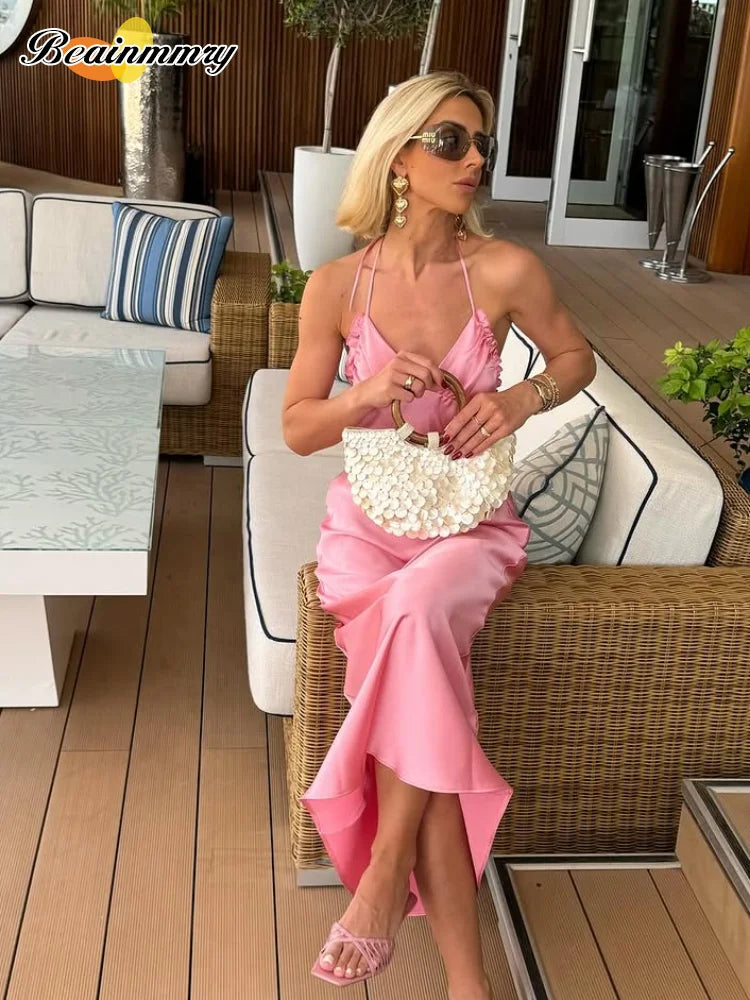 Elegant Satin Pink Women's Long Dresses Fashion Sleeveless Backless Slim Fit Hem Midi Dress Summer Female Holiday Robes 2026