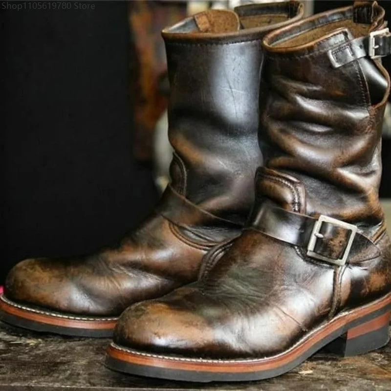 Men's Boots PU Leather Boots Retro Outdoor Western Cowboy Boots Round Toe Belt Buckle Mid-Calf Boot Slip on Plus Size Long Boot