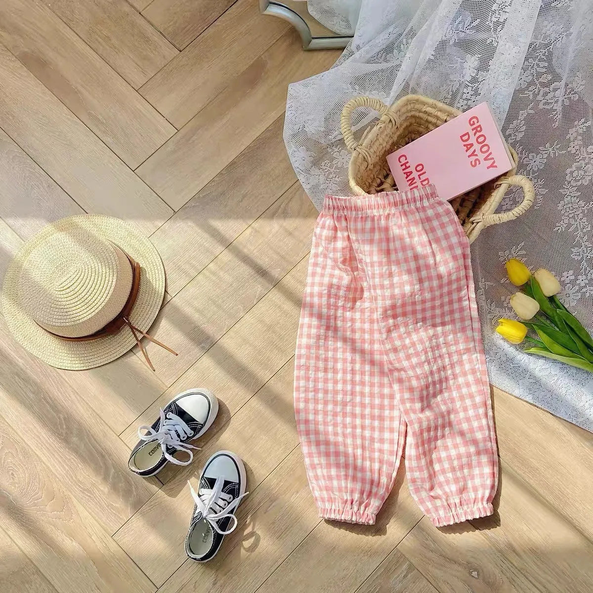 Summer Plaid Mosquito Proof Pants Outdoor Wear Baby Girls New Style Fashion Casual Loose Harlan Pants Children Thin Trousers