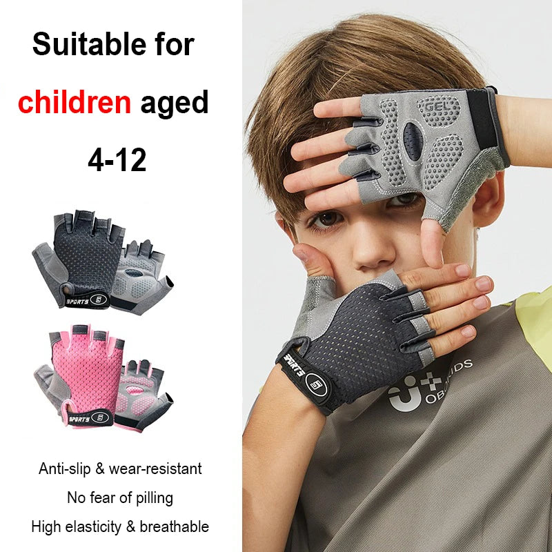 Kids Cycling Skateboard Gloves Anti-Slip Summer Spring Sports Breathable Half-Finger Gloves Shock-Absorbing Children Aged 4-12