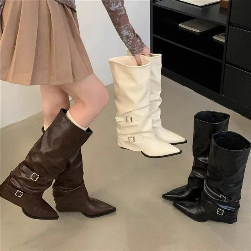 Designer Women's Boots Winter Cosy Pointed Toe Woman Shoes Fashion Sexy Knee-High Boots for Women Belt Buckle Thick Heel Boots
