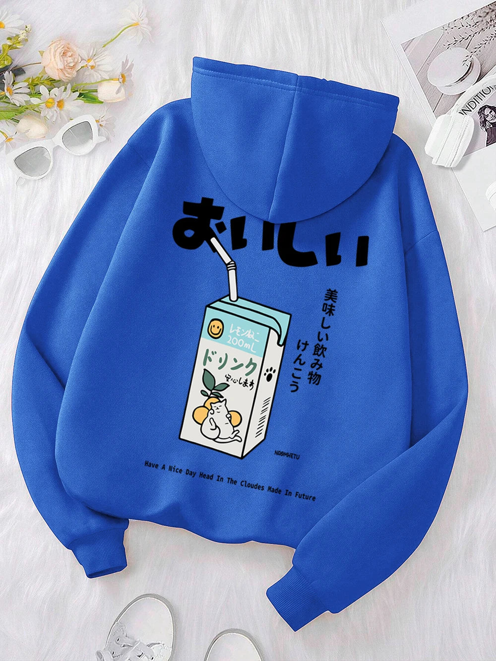 Kawaii Japanese Harajuku Cat Print Hoodie Men Women Fashion Loose Hoody O-Neck Casual New Sweatshirt Pocket Fleece Couple Hoody