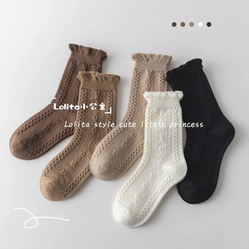 5 Pairs Girls Socks Spring Autumn Ruffle Socks Cotton Socks Kids Lolita Fancy Socks Twist Pattern