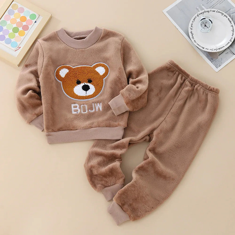 2026 Kids Flannel Pajamas 2Pcs/Sets Thickened Warm Print Baby Homewear Soft Coral Fleece Boys Girls Sleepwear Winter Loungewear
