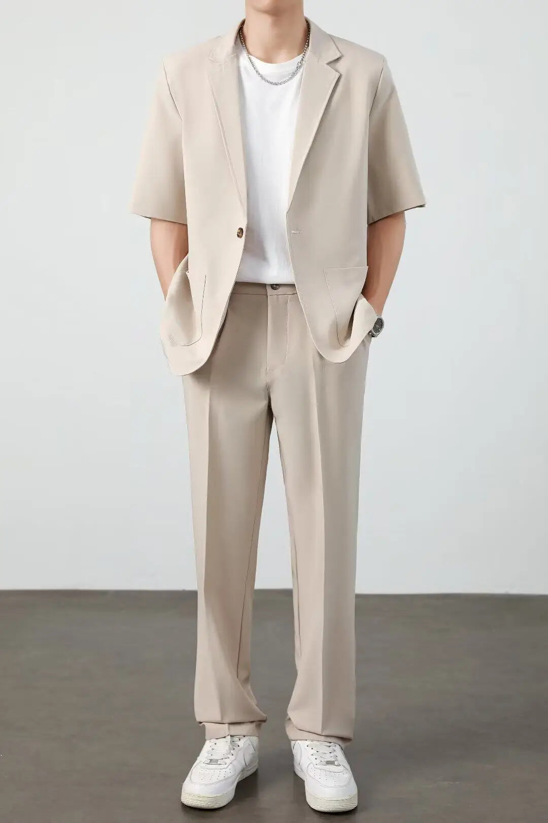 Men's Casual Half Sleeve Suit Jacket Polyester Fiber Breathable round Hemline Single Button Closure Standard Fit Adult Wear