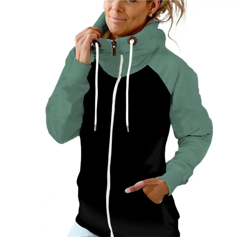 Drawstring Women Hoodie Zipper Hooded Fleece Contrast Color Cardigan Casual Lady Hoodie Casual Autumn Hoodie Lady Sweatshiet