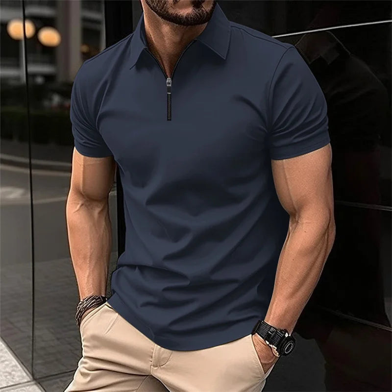Men's stylish half-zip collar polo shirt, black slim fit short-sleeved top, business casual and versatile, available in 8 colors