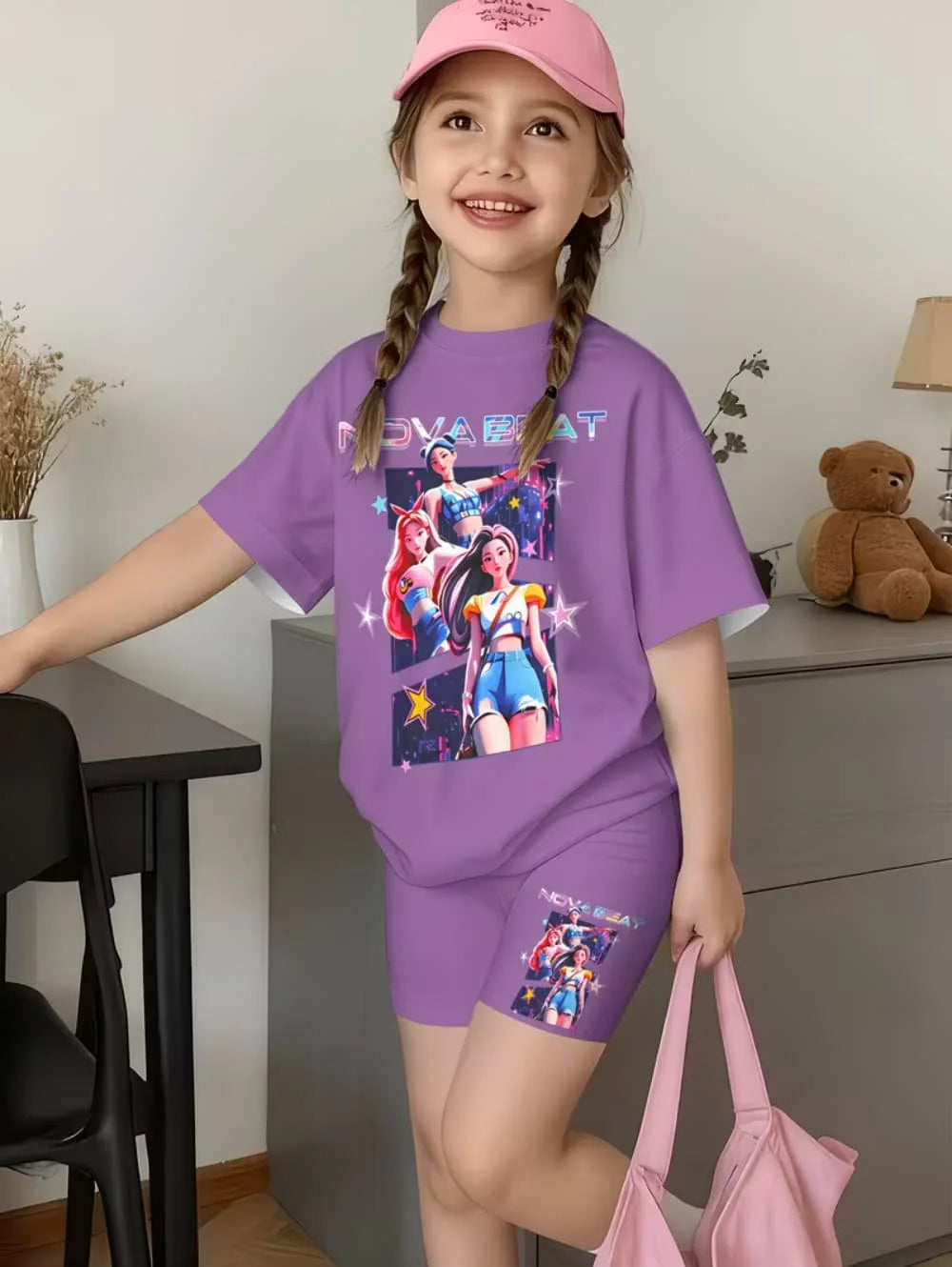 Kpop Cartoon Print Pajamas Sets Kids T-Shirts Funny Gift Harajuku Kids Short Summer Tops Short Sleeve Sets Children's Clothing