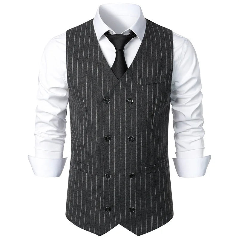 #4840 Black Gray Brown Split Joint Men's Vest Vertrical Striped Blazer Vest Double Breasted Waistcoat Slim Vintage Sleeveless