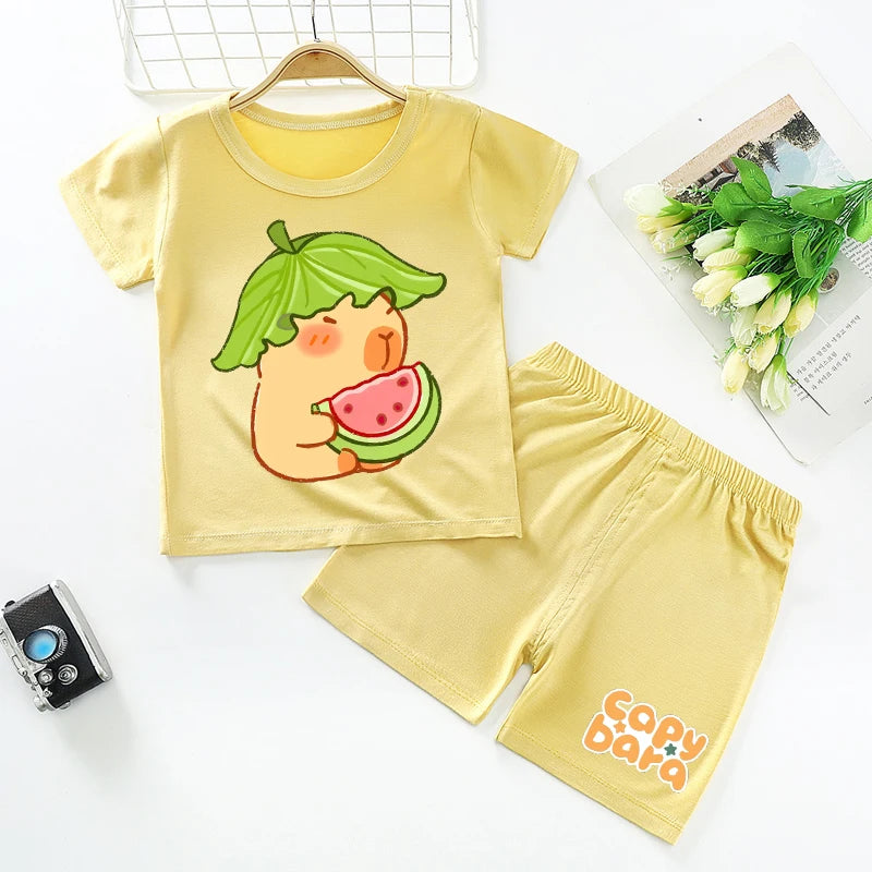 Capybara Kids Pajamas Shorts Set Summer New Capibara Home Clothes Boys Girls Anime Nightwear Pants Children Short Sleeve Gift