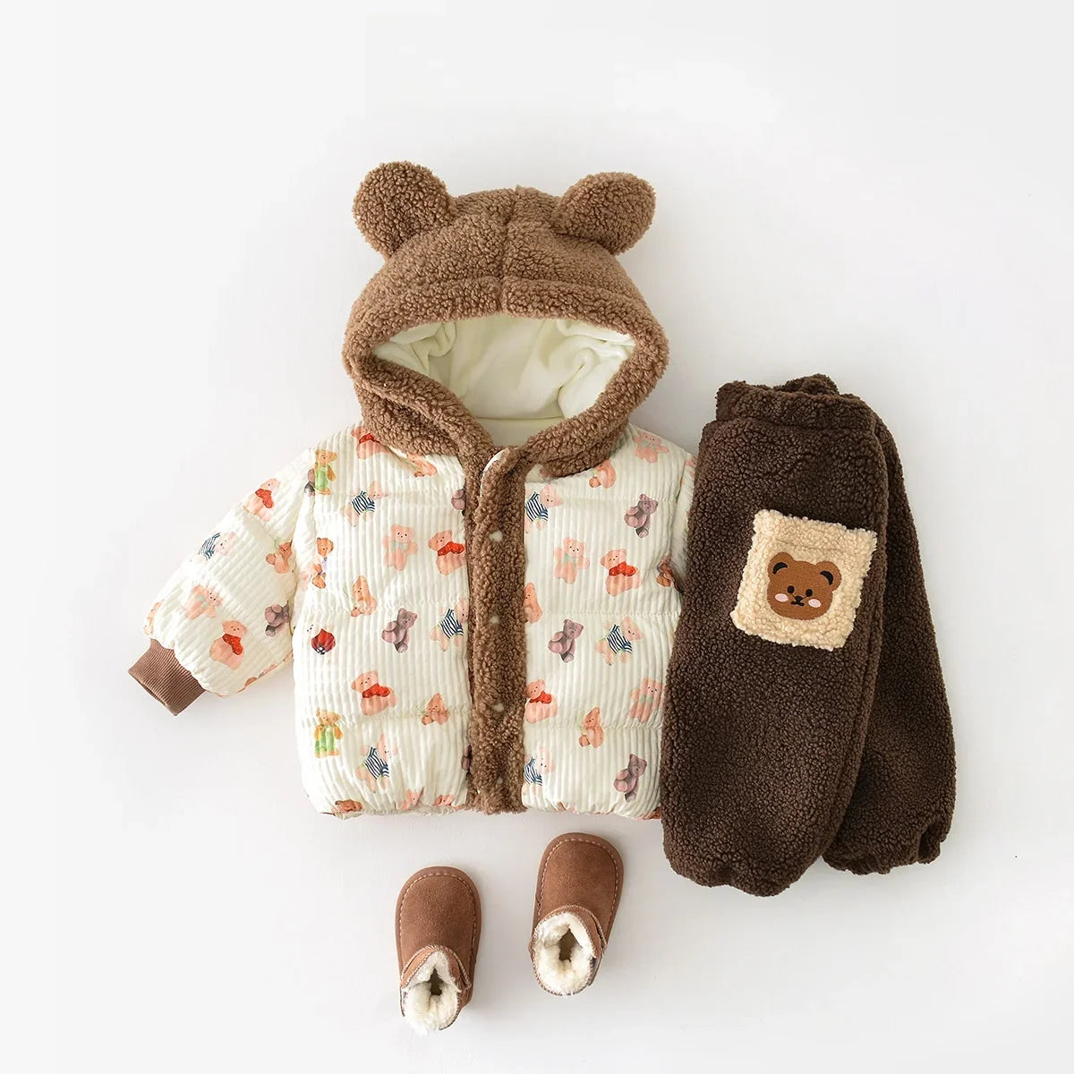 Winter Children Coat 0-3Y Boys Girls Cute Bear Printed Jacket Warm Fleece lined Kids Outerwear