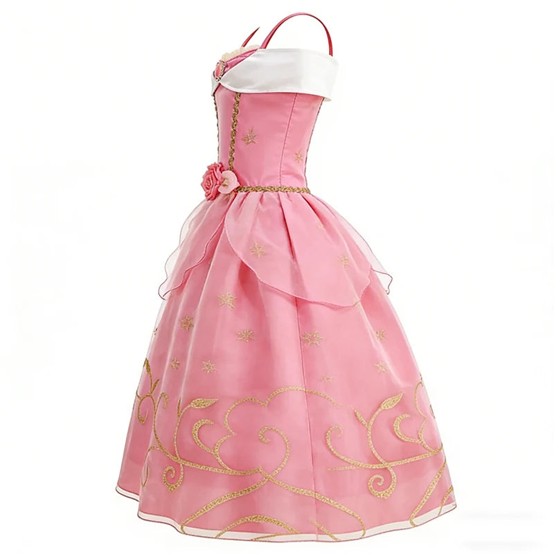 Kids Girls Fairytale Princess Fancy Dress Pink Embroidered Tulle Cosplay Outfit for Halloween Carnival Birthday Daily Wear