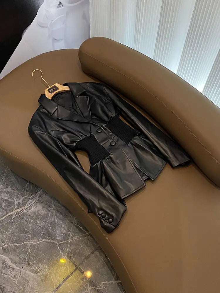 Black Suit PU Jacket Women Tops Splicing Knitted Waist Cinching Silhouette Suit Coat Winter Clothes Loose Casual Blazers Women