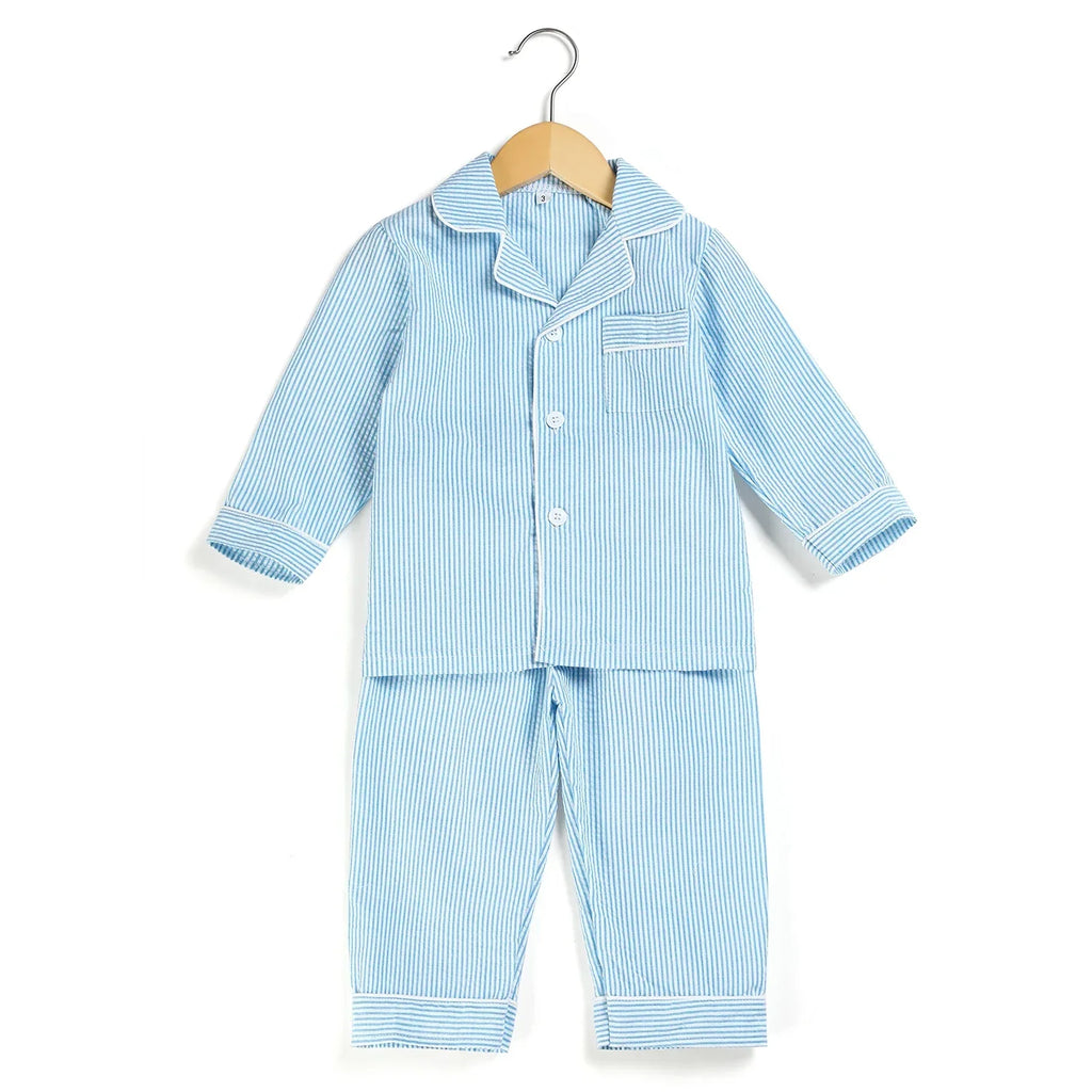 Ruffkids 100% Cotton Summer Kids Pajamas Sleepwear Seersucker Striped Matching Pjs Boys Clothes Loungewear Girls Pyjamas Set