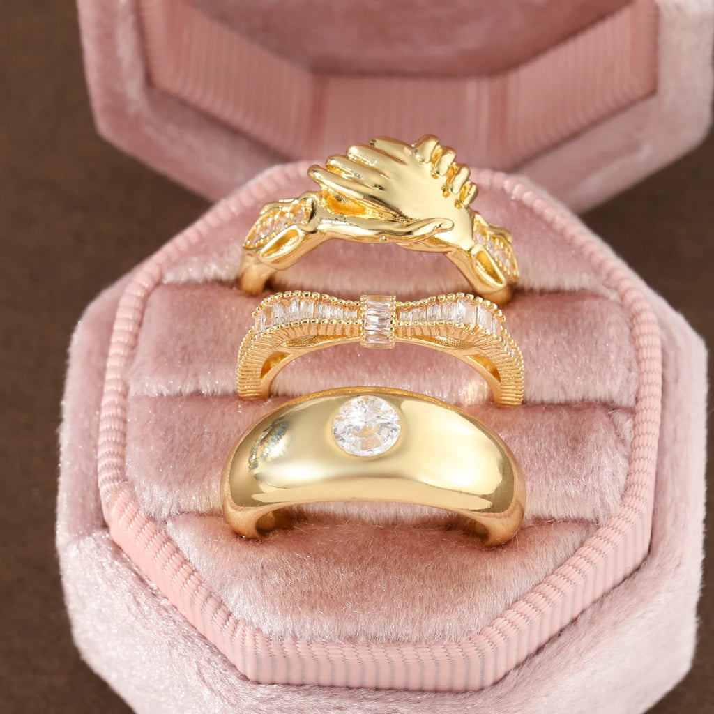 Three Luxury-Style Stacked-Set Diamond-Inlaid Copper Jewelry Rings for Ladies, Suitable for Daily Casual Wear