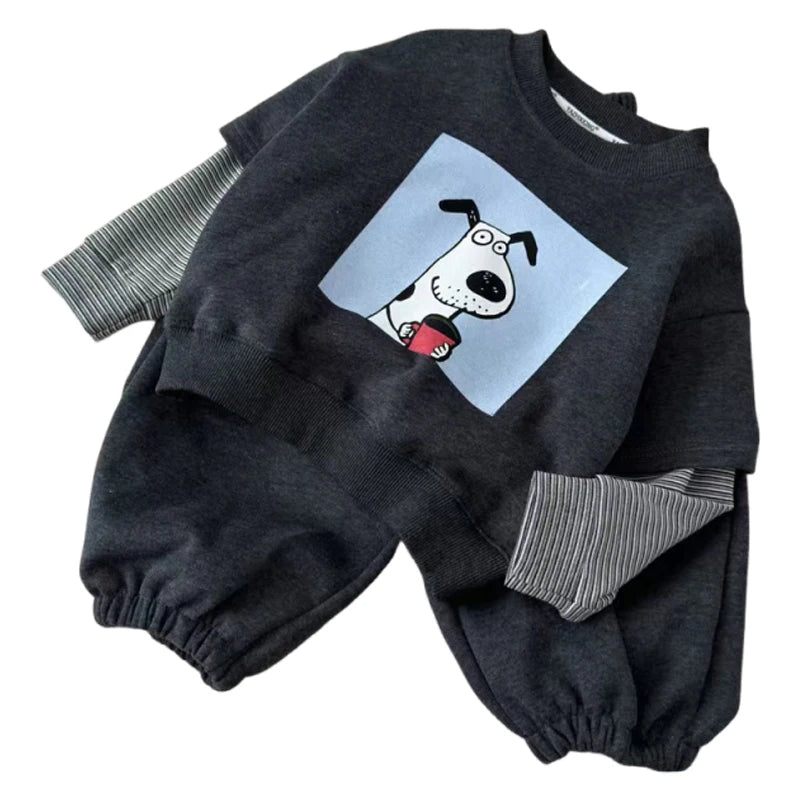Kids Fake Two‑Piece Sweatshirt Sets 2026 Autumn Boys Girls Cartoon Print Striped Long Sleeve Top+Pants 2PCS Children Tracksuit