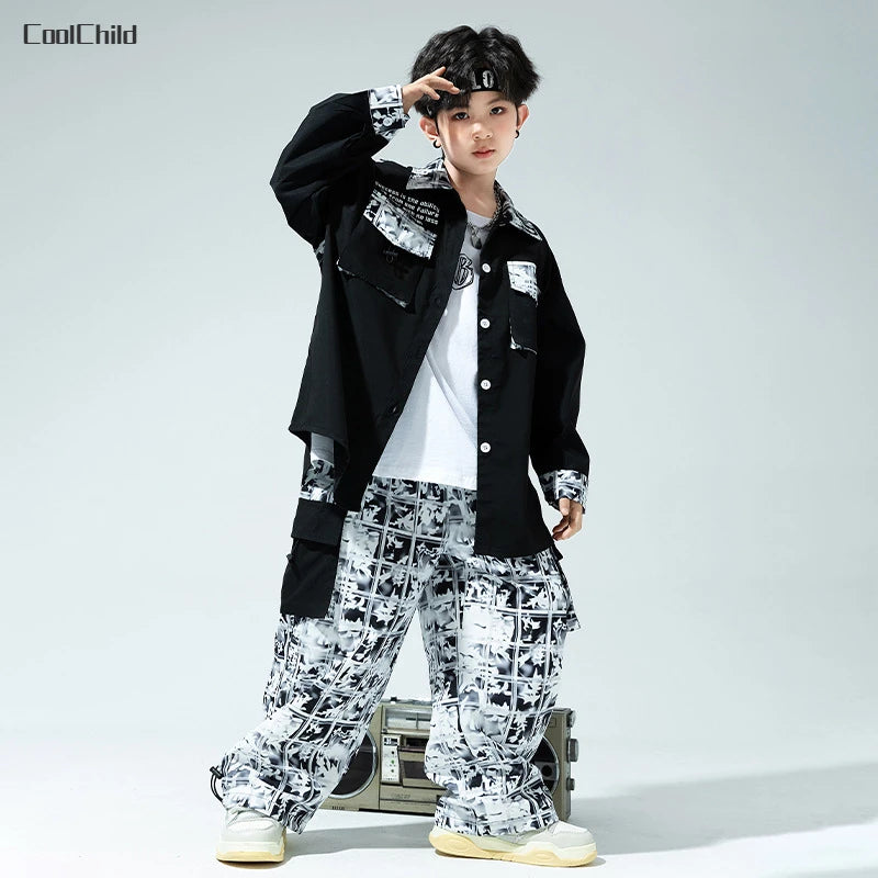 Hip Hop Girls Street Dance Jacket Contrast Cargo Pants Boys Shirt Joggers Clothes Set Kids Streetwear Child Jazz Costumes Outfit