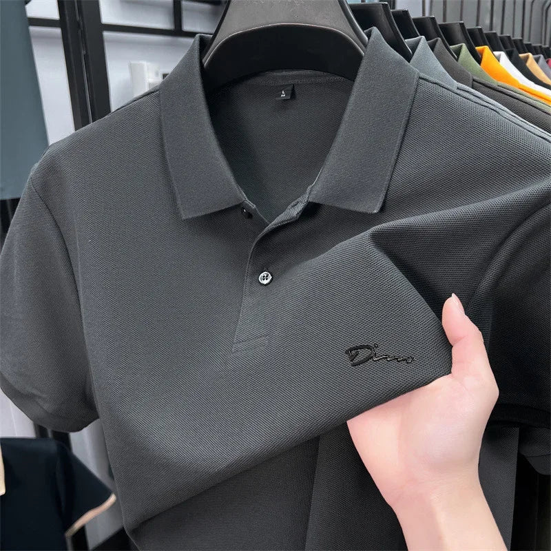 Men's Summer High-End Printed Golf Polo Shirt with Collar, Solid Color, Breathable, Office Casual, High-Quality Men's Clothing