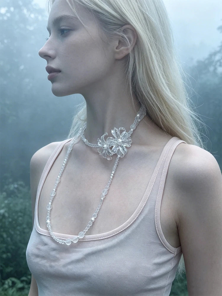 Jewelry Accessories for Women, Transparent Acrylic Beaded Layered Necklace, Elegant Floral Pendant Long Tassel Chain, Bohemian S