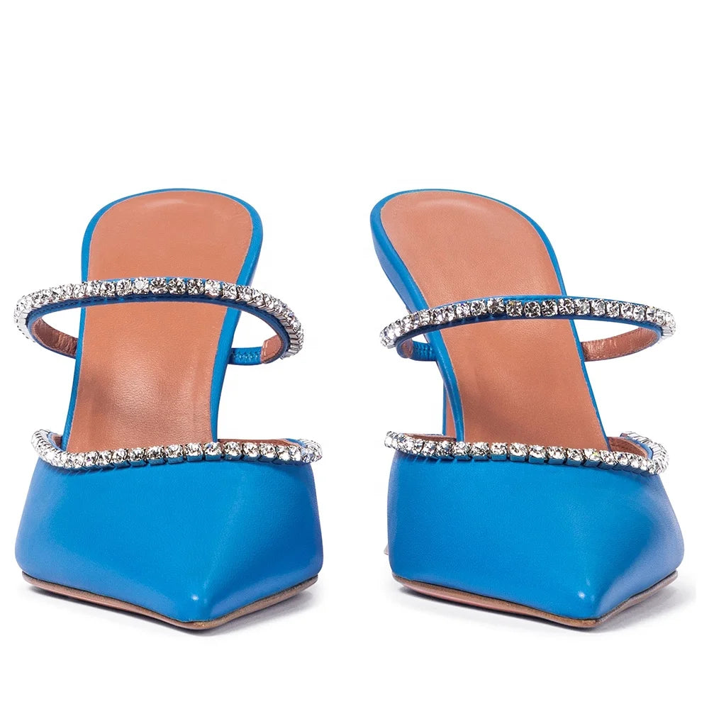 Blue Women High Quality Mules Pointed Toe Pumps Luxury Rhinestone High Heels Lady Shoes