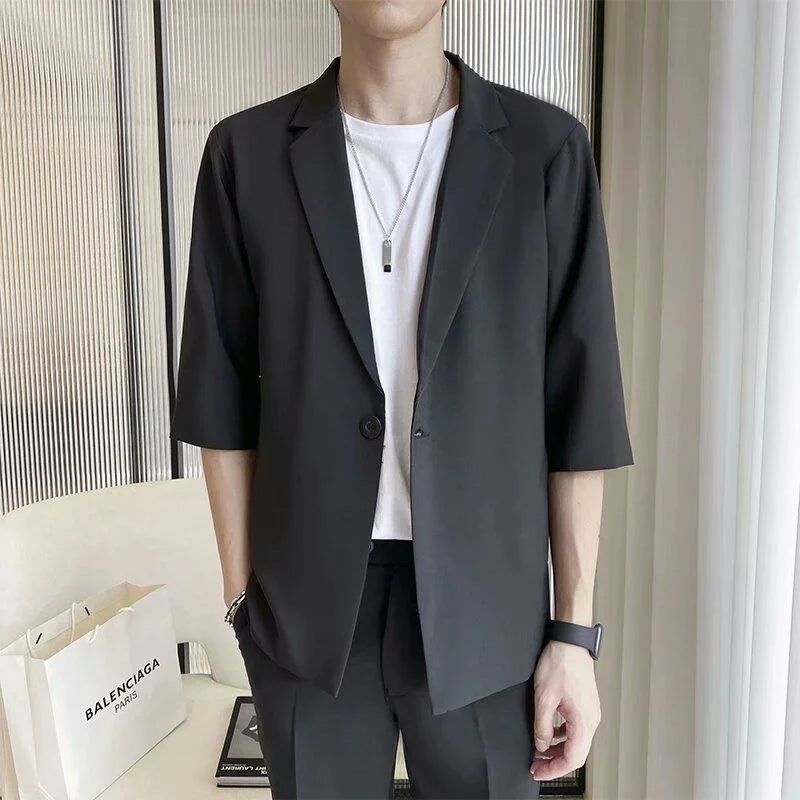 Men's Casual Half Sleeve Suit Jacket Polyester Fiber Breathable round Hemline Single Button Closure Standard Fit Adult Wear