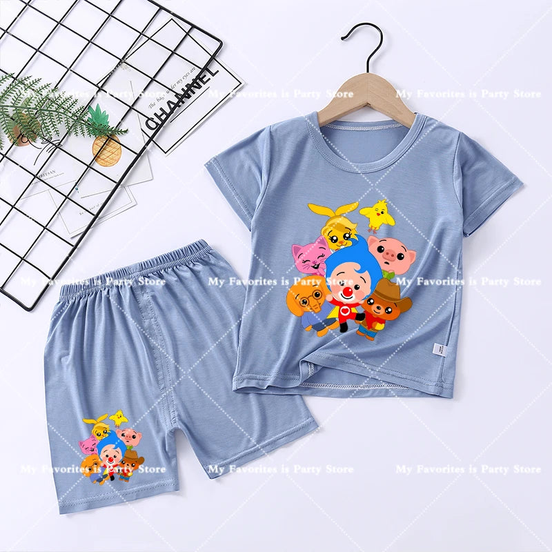 Plims Clown Children Pajamas Home Clothing Sets Kids T-shirt Pants Suit Cartoon Anime Low-waisted Boys Summer Nightshirt Clothes