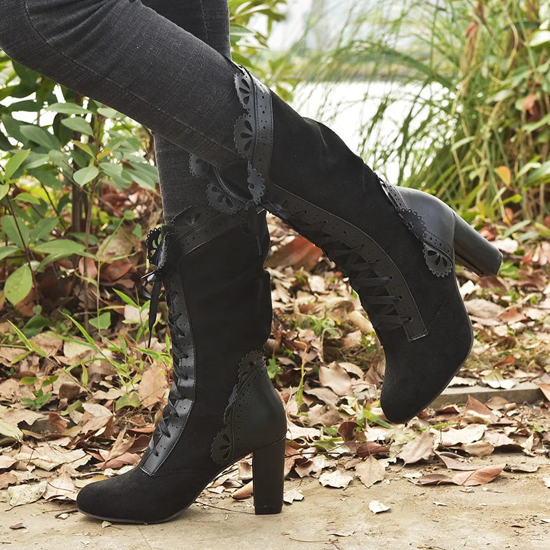 Women's Boots High Heel Boots Women Steampunk Women Sexy Leather Suede Boots Autumn Vintage Winter Shoes Lace Up